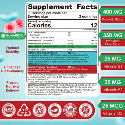 NEVISS Probiotic + Prebiotic Gummies for Adults & Kids 4+, Sugar Free Chewable 50 Billion CFUs w/Fiber, Vitamin B1 B2 D3 & Zinc, for Digestive & Gut Health - dailyvitalstore