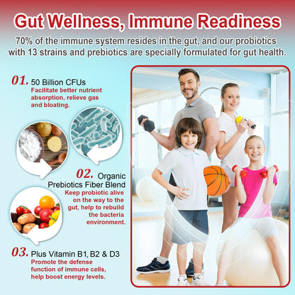 NEVISS Probiotic + Prebiotic Gummies for Adults & Kids 4+, Sugar Free Chewable 50 Billion CFUs w/Fiber, Vitamin B1 B2 D3 & Zinc, for Digestive & Gut Health - dailyvitalstore