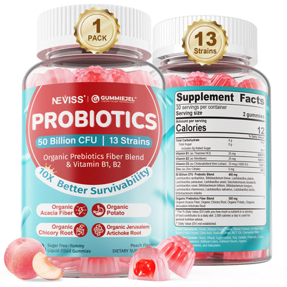NEVISS Probiotic + Prebiotic Gummies for Adults & Kids 4+, Sugar Free Chewable 50 Billion CFUs w/Fiber, Vitamin B1 B2 D3 & Zinc, for Digestive & Gut Health - dailyvitalstore