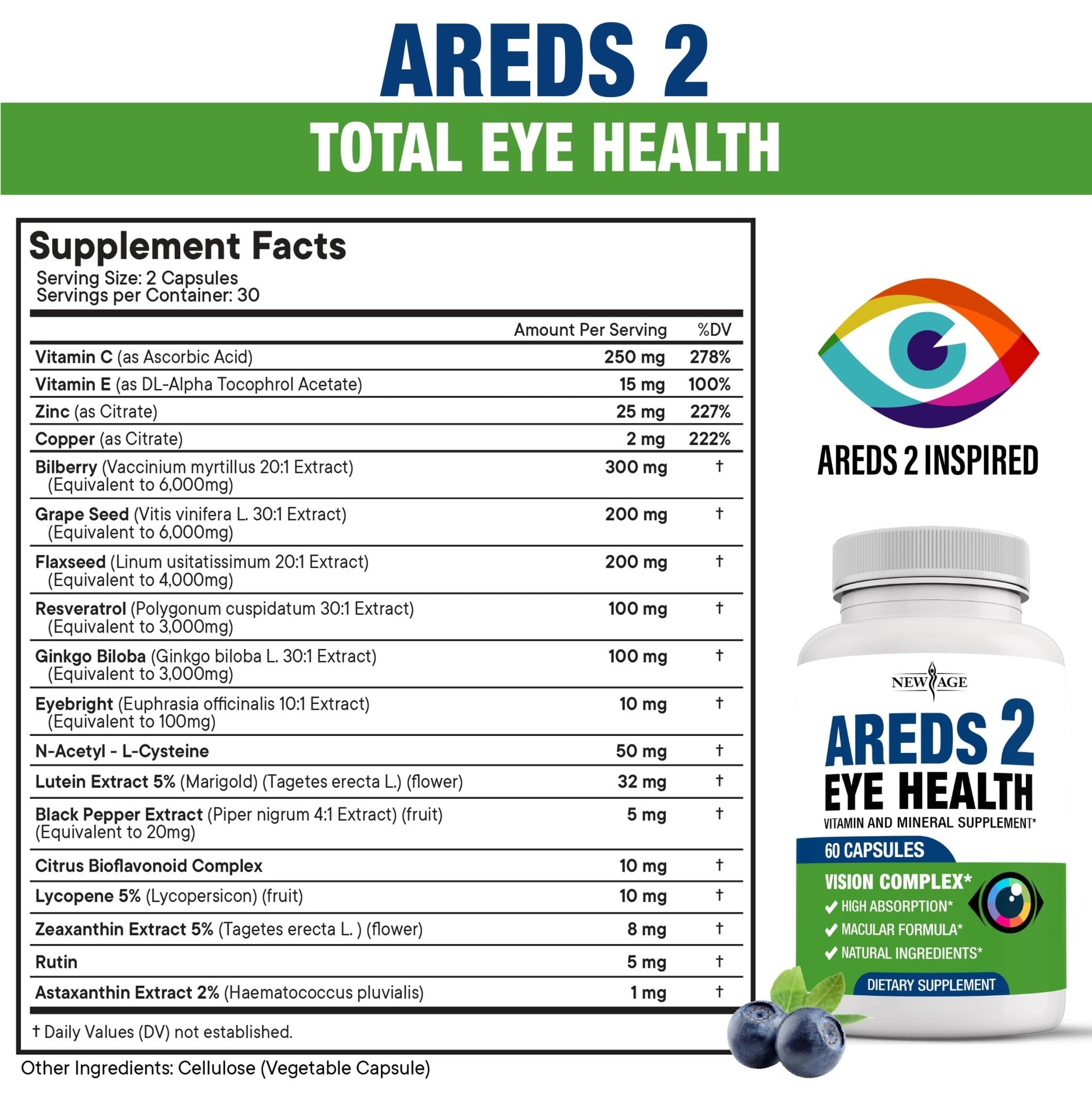 NEW AGE AREDS 2 Eye Vitamins - Lutein, Zeaxanthin, Bilberry, Astaxanthin Mineral Vision Supplement - 180 Count - dailyvitalstore