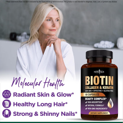NEW AGE Biotin Collagen Keratin Hyaluronic Acid - 50,000mcg Hair Growth Vitamins for Men and Women, Nails, Hair, Skin Vitamins and DHT Blocker with Vitamin E Folic - dailyvitalstore