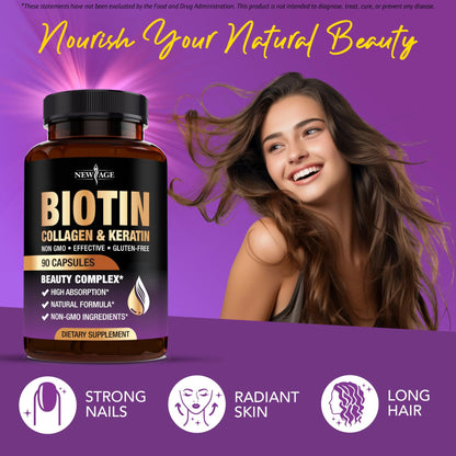 NEW AGE Biotin Collagen Keratin Hyaluronic Acid - 50,000mcg Hair Growth Vitamins for Men and Women, Nails, Hair, Skin Vitamins and DHT Blocker with Vitamin E Folic - dailyvitalstore