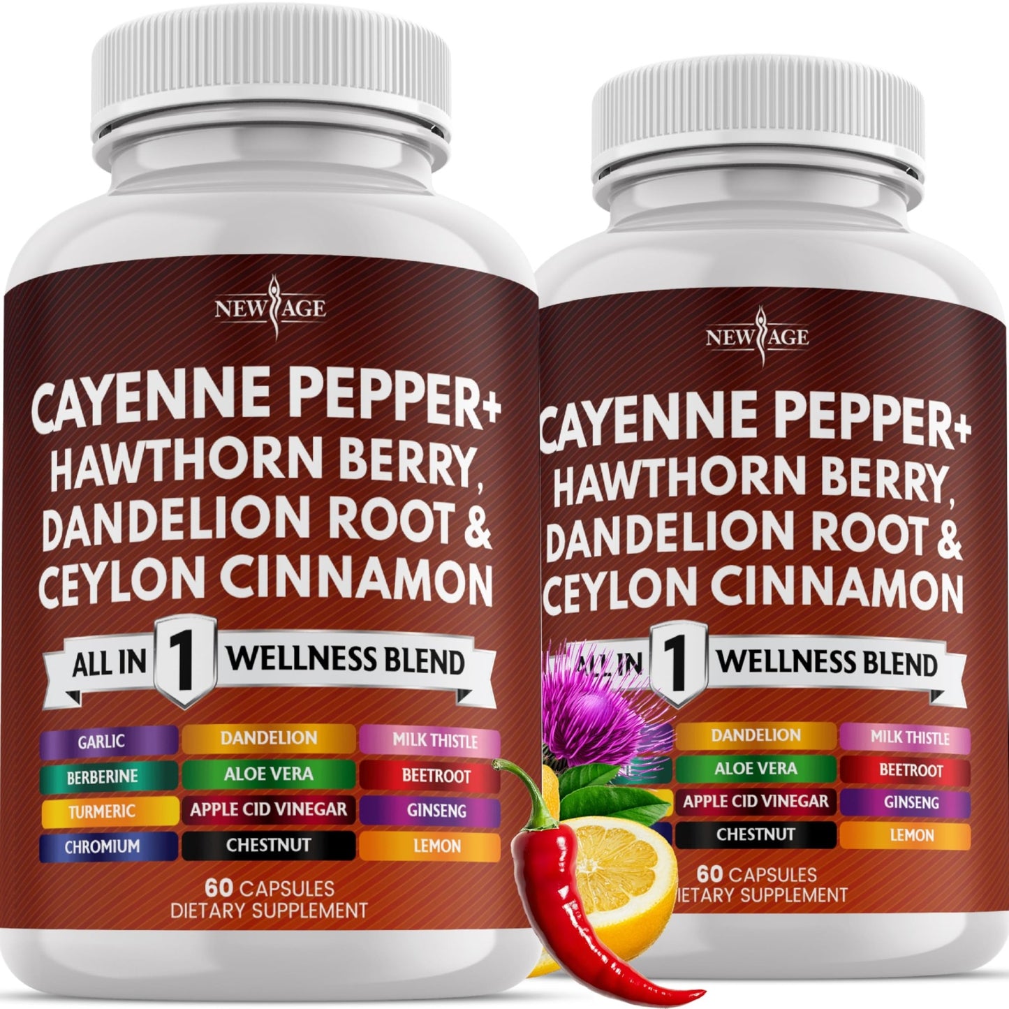 NEW AGE Cayenne Pepper Capsules Supplement with Hawthorn Berry, Dandelion Root, Ceylon Cinnamon, Garlic, Ginger, ACV, Milk Thistle, Beet Root, Aloe Vera - 120 Count - dailyvitalstore