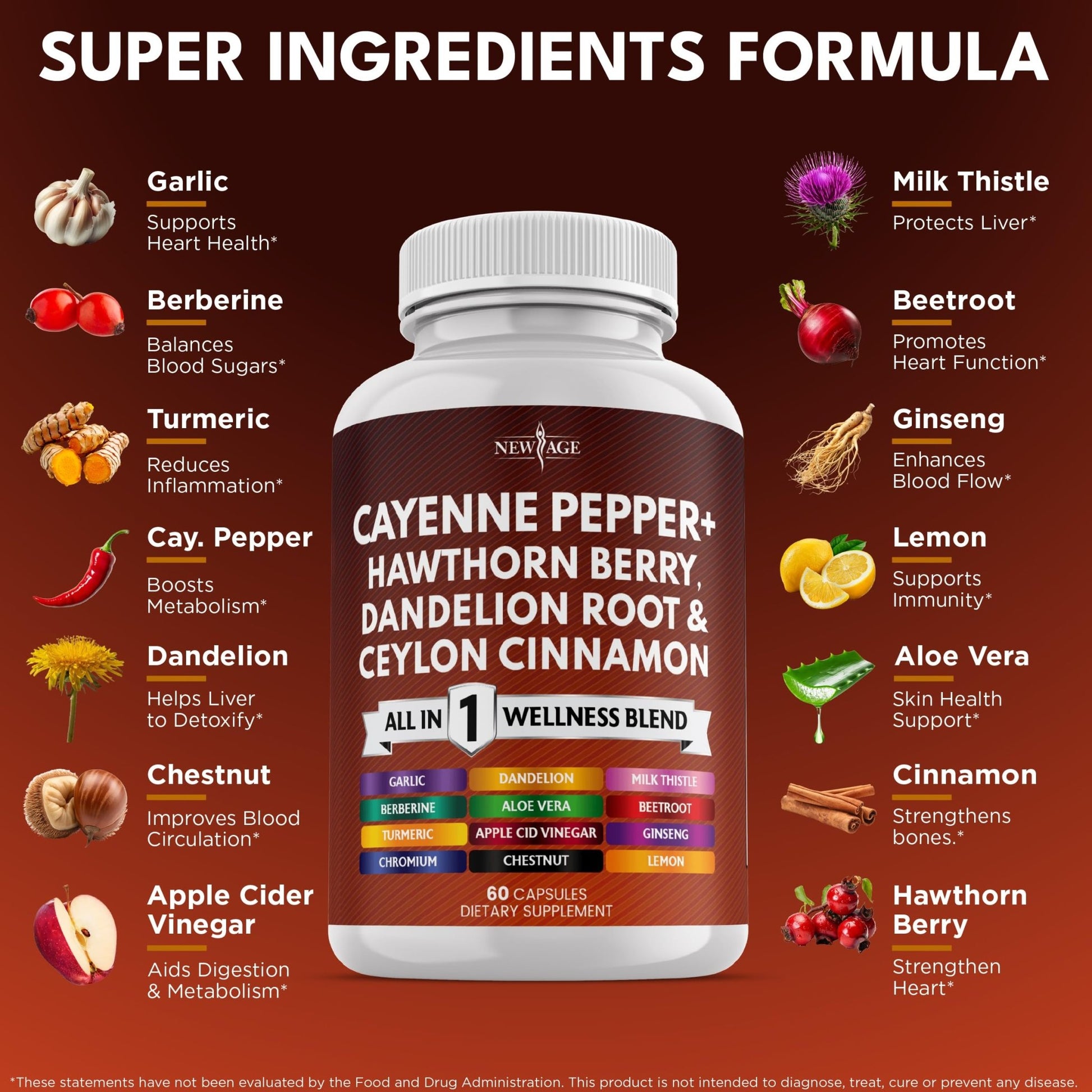 NEW AGE Cayenne Pepper Capsules Supplement with Hawthorn Berry, Dandelion Root, Ceylon Cinnamon, Garlic, Ginger, ACV, Milk Thistle, Beet Root, Aloe Vera - 120 Count - dailyvitalstore