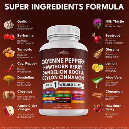 NEW AGE Cayenne Pepper Capsules Supplement with Hawthorn Berry, Dandelion Root, Ceylon Cinnamon, Garlic, Ginger, ACV, Milk Thistle, Beet Root, Aloe Vera - 120 Count - dailyvitalstore