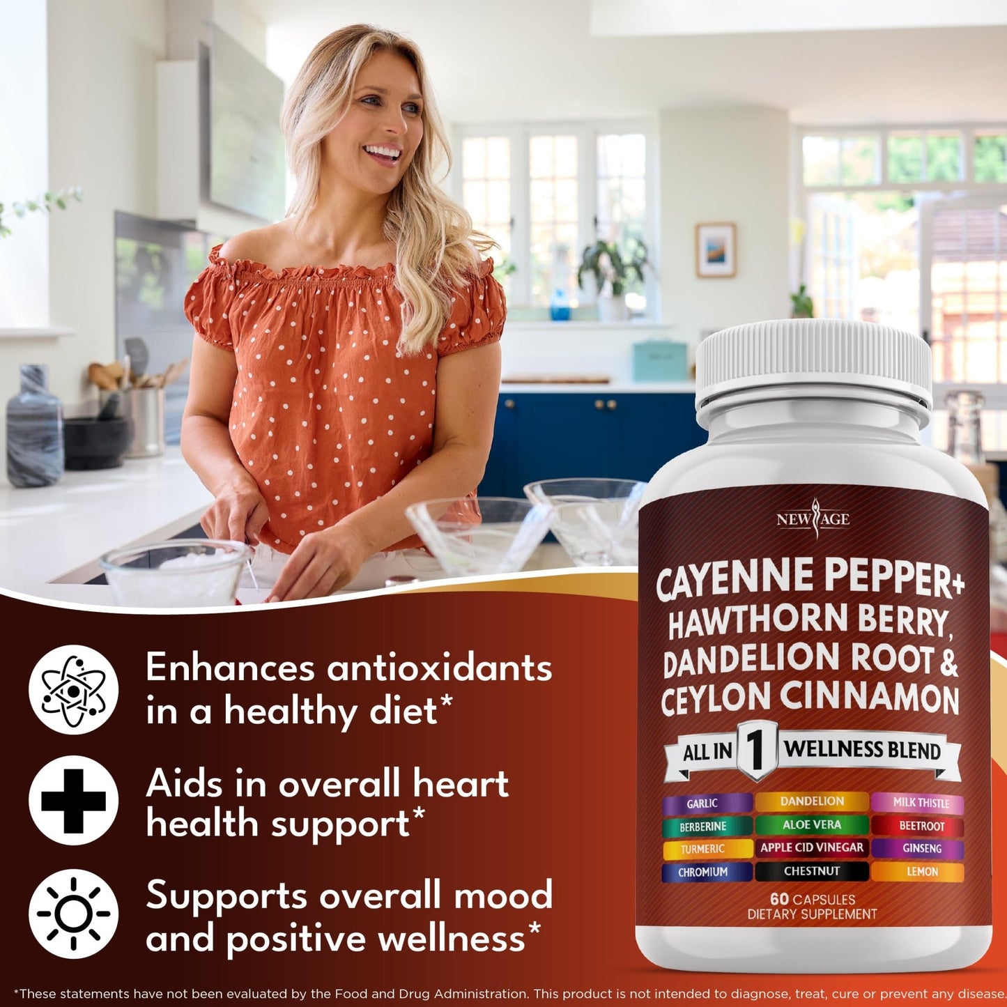 NEW AGE Cayenne Pepper Capsules Supplement with Hawthorn Berry, Dandelion Root, Ceylon Cinnamon, Garlic, Ginger, ACV, Milk Thistle, Beet Root, Aloe Vera - 120 Count - dailyvitalstore