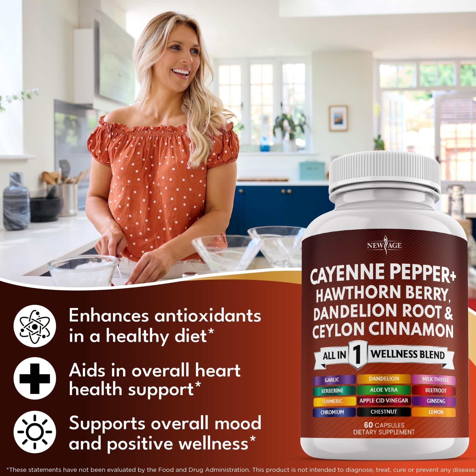 NEW AGE Cayenne Pepper Capsules Supplement with Hawthorn Berry, Dandelion Root, Ceylon Cinnamon, Garlic, Ginger, ACV, Milk Thistle, Beet Root, Aloe Vera - 120 Count - dailyvitalstore