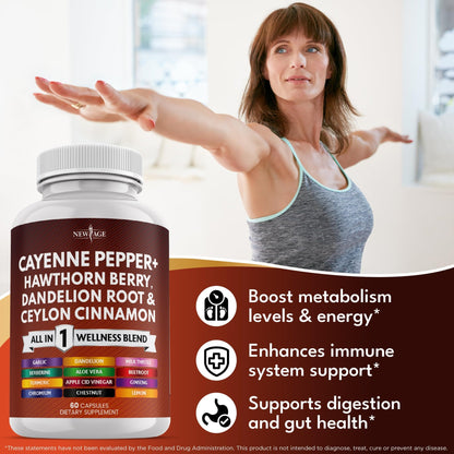 NEW AGE Cayenne Pepper Capsules Supplement with Hawthorn Berry, Dandelion Root, Ceylon Cinnamon, Garlic, Ginger, ACV, Milk Thistle, Beet Root, Aloe Vera - 120 Count - dailyvitalstore