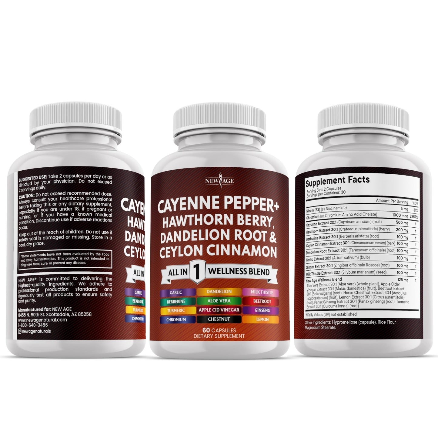 NEW AGE Cayenne Pepper Capsules Supplement with Hawthorn Berry, Dandelion Root, Ceylon Cinnamon, Garlic, Ginger, ACV, Milk Thistle, Beet Root, Aloe Vera - 120 Count - dailyvitalstore