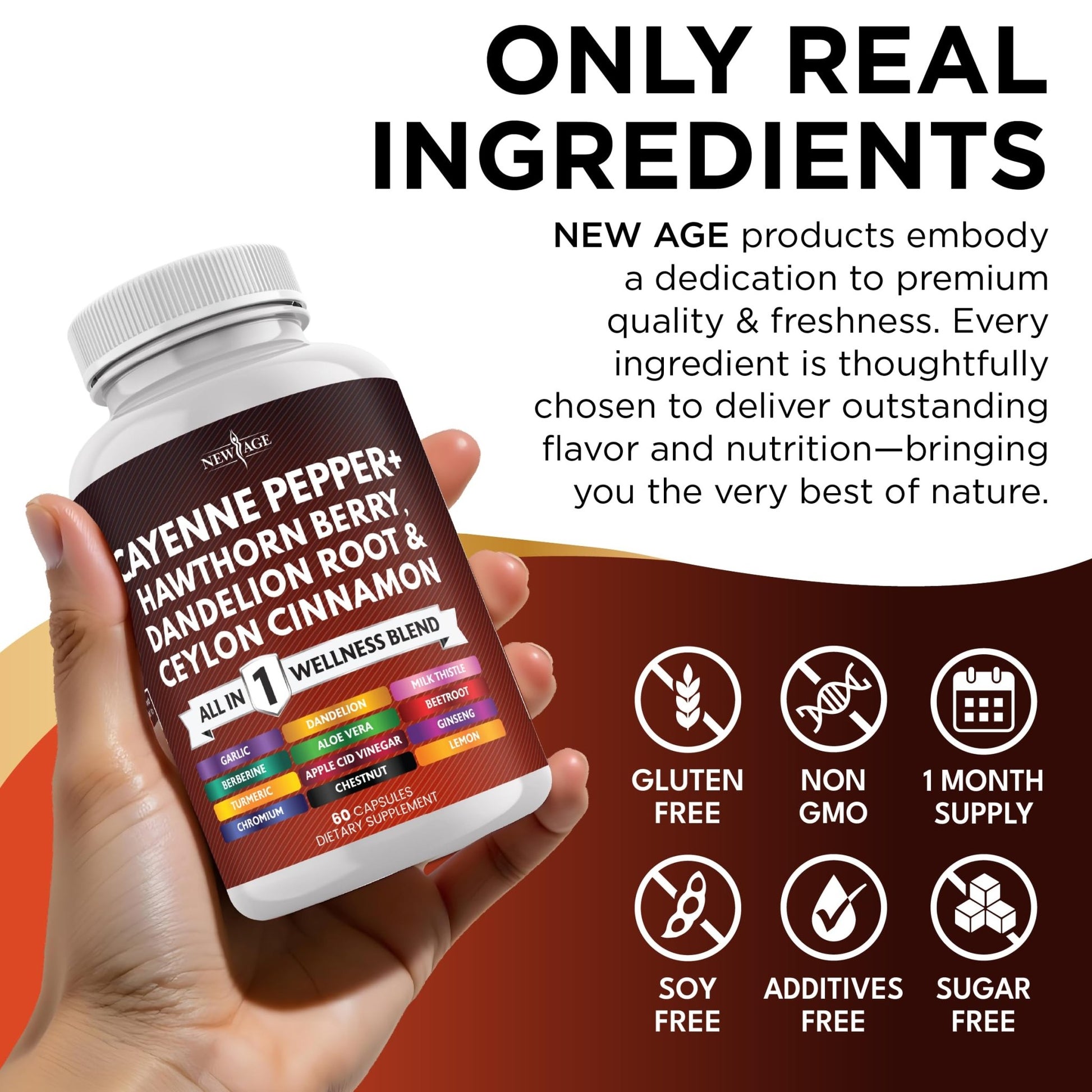 NEW AGE Cayenne Pepper Capsules Supplement with Hawthorn Berry, Dandelion Root, Ceylon Cinnamon, Garlic, Ginger, ACV, Milk Thistle, Beet Root, Aloe Vera - 120 Count - dailyvitalstore