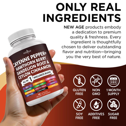 NEW AGE Cayenne Pepper Capsules Supplement with Hawthorn Berry, Dandelion Root, Ceylon Cinnamon, Garlic, Ginger, ACV, Milk Thistle, Beet Root, Aloe Vera - 120 Count - dailyvitalstore
