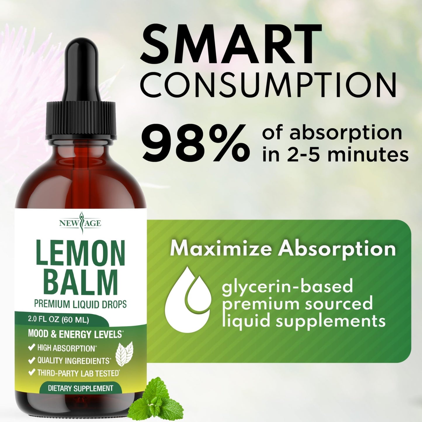 NEW AGE Lemon Balm Tincture - Mood Support Supplement - Lemon Balm Leaf Extract Drops - Vegan, Sugar & Alcohol-Free Calming Supplement - 4 fl oz - dailyvitalstore