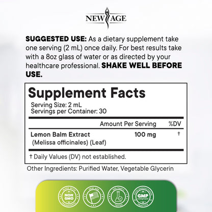 NEW AGE Lemon Balm Tincture - Mood Support Supplement - Lemon Balm Leaf Extract Drops - Vegan, Sugar & Alcohol-Free Calming Supplement - 4 fl oz - dailyvitalstore