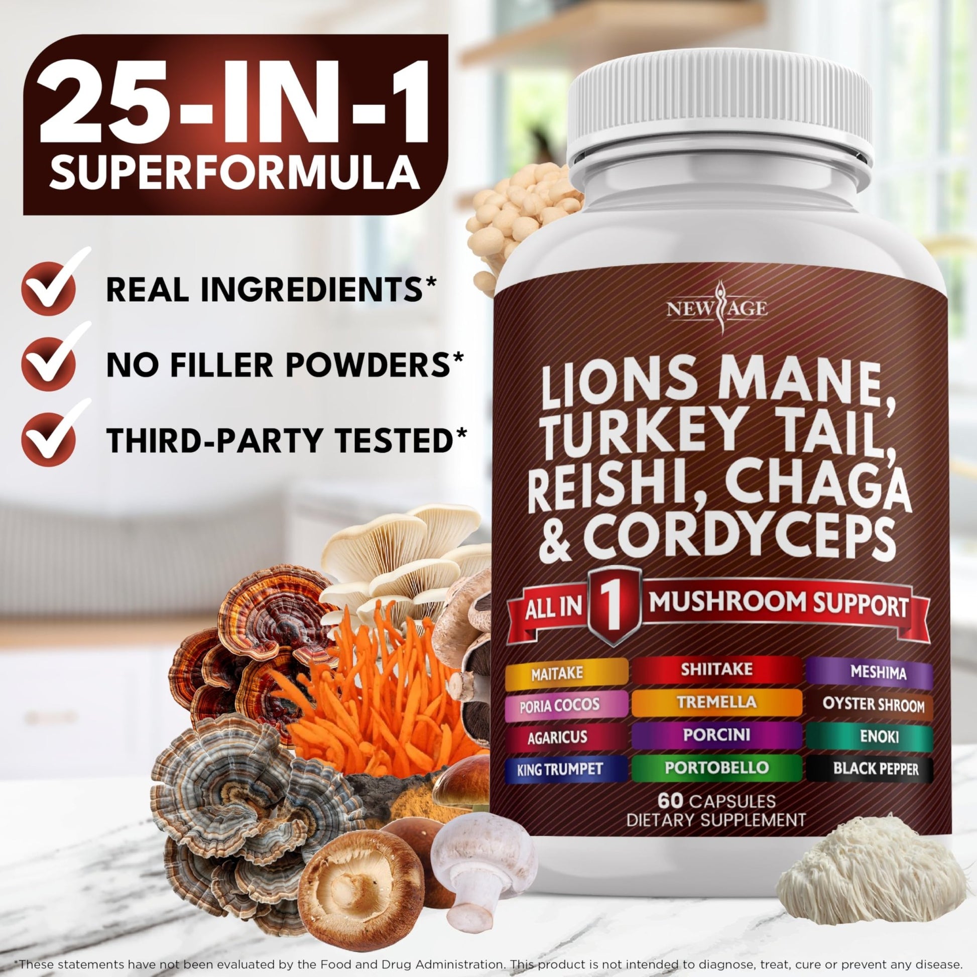 NEW AGE Lions Mane Mushroom Supplement with Turkey Tail Reishi Cordyceps Chaga with Marshmallow Root - 120 Count - dailyvitalstore
