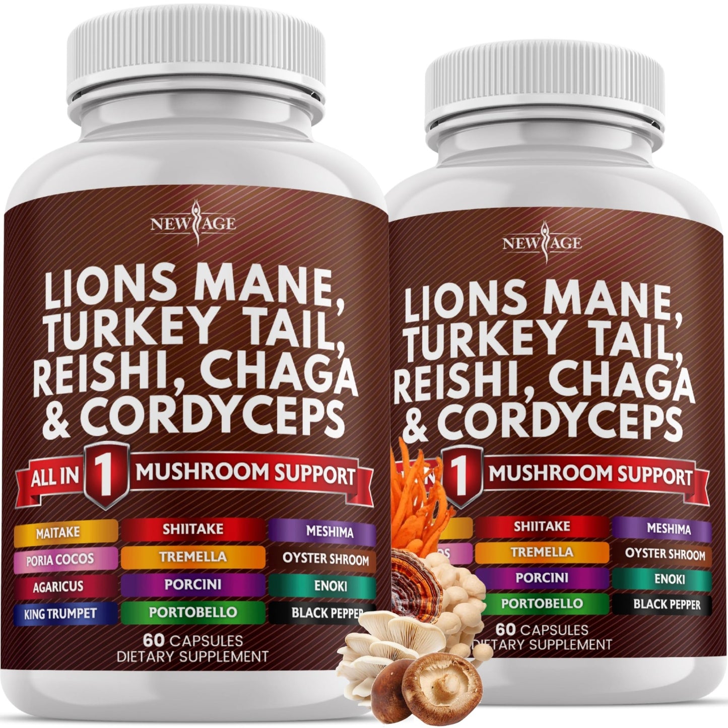 NEW AGE Lions Mane Mushroom Supplement with Turkey Tail Reishi Cordyceps Chaga with Marshmallow Root - 120 Count - dailyvitalstore