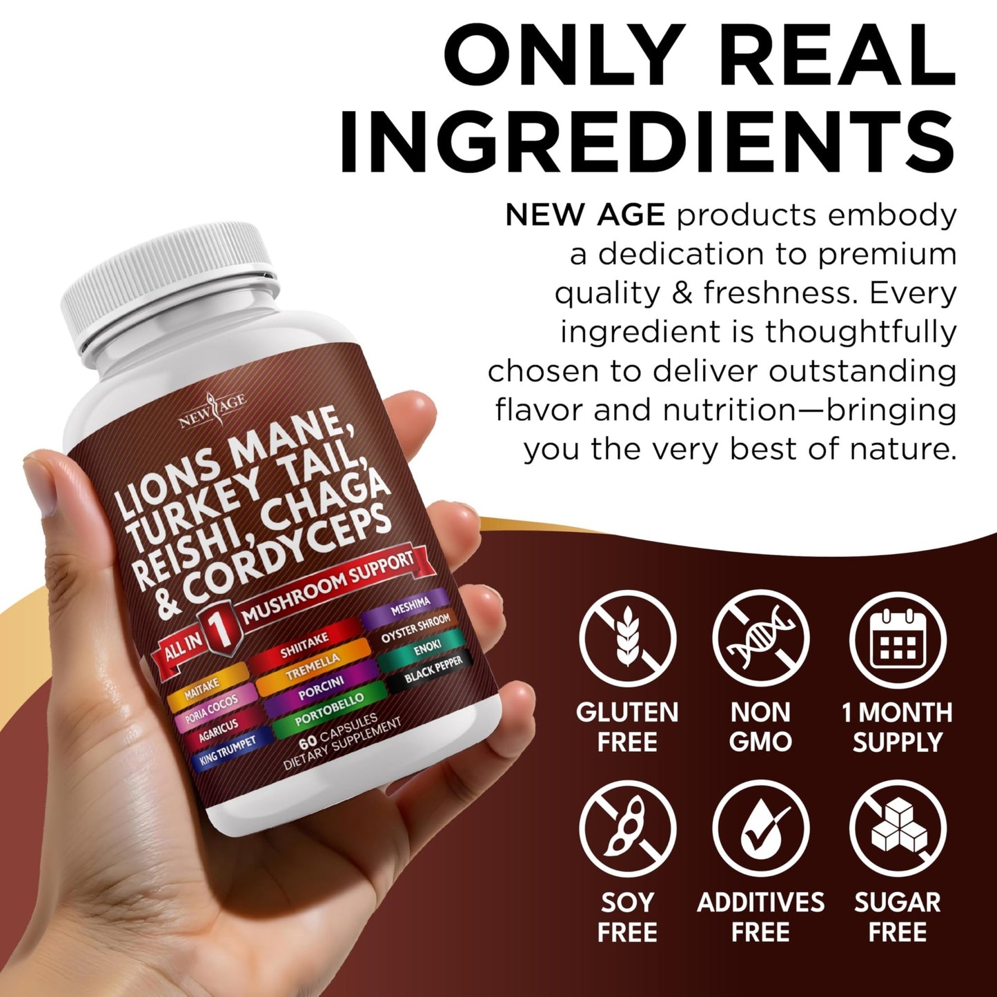 NEW AGE Lions Mane Mushroom Supplement with Turkey Tail Reishi Cordyceps Chaga with Marshmallow Root - 120 Count - dailyvitalstore