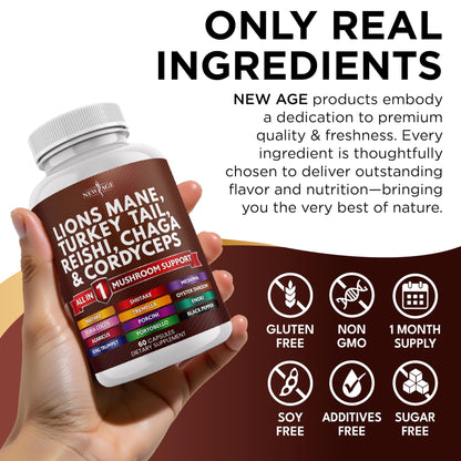 NEW AGE Lions Mane Mushroom Supplement with Turkey Tail Reishi Cordyceps Chaga with Marshmallow Root - 120 Count - dailyvitalstore