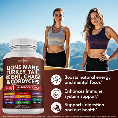 NEW AGE Lions Mane Mushroom Supplement with Turkey Tail Reishi Cordyceps Chaga with Marshmallow Root - 120 Count - dailyvitalstore