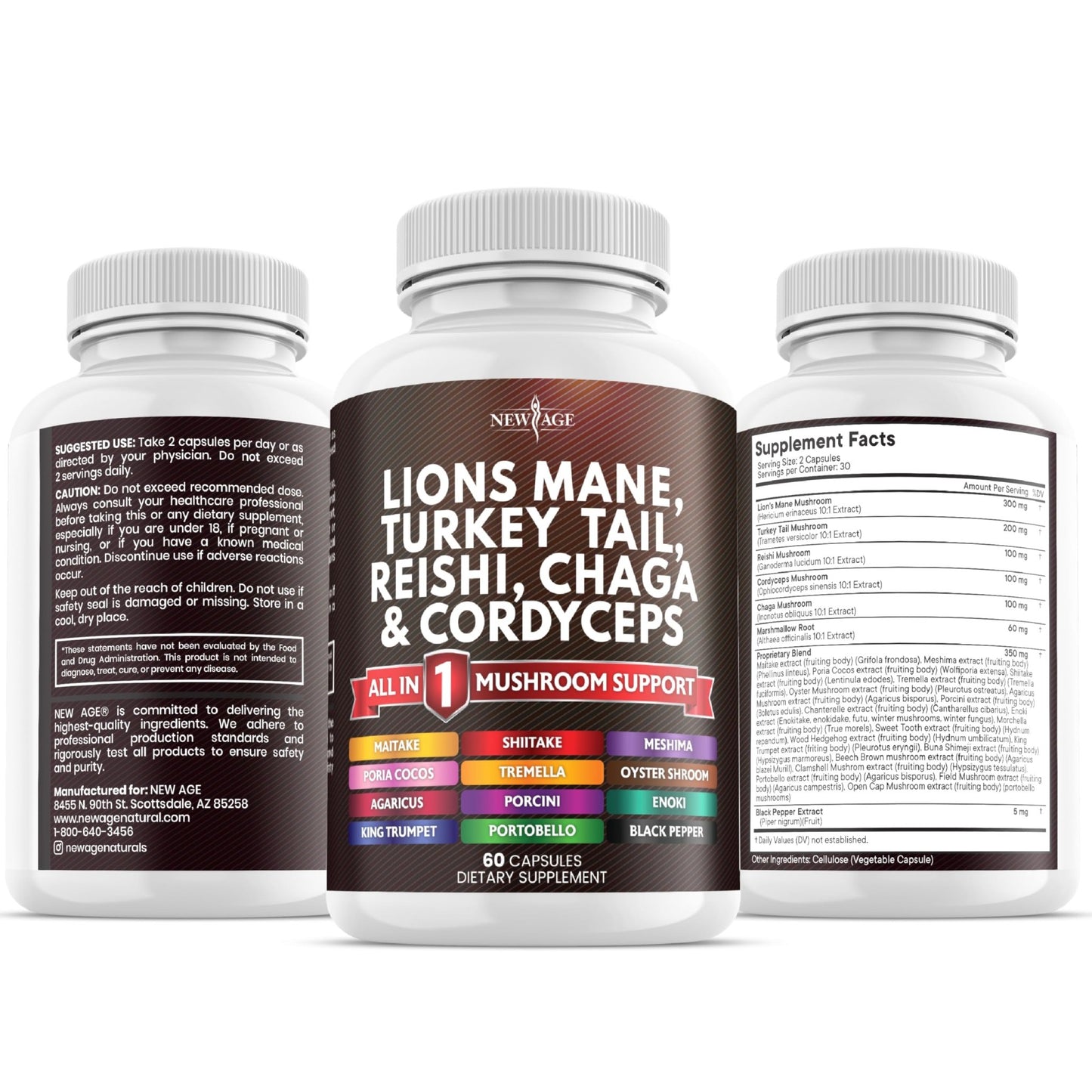 NEW AGE Lions Mane Mushroom Supplement with Turkey Tail Reishi Cordyceps Chaga with Marshmallow Root - 120 Count - dailyvitalstore