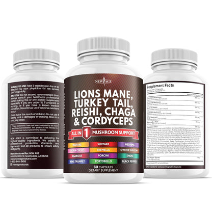 NEW AGE Lions Mane Mushroom Supplement with Turkey Tail Reishi Cordyceps Chaga with Marshmallow Root - 120 Count - dailyvitalstore