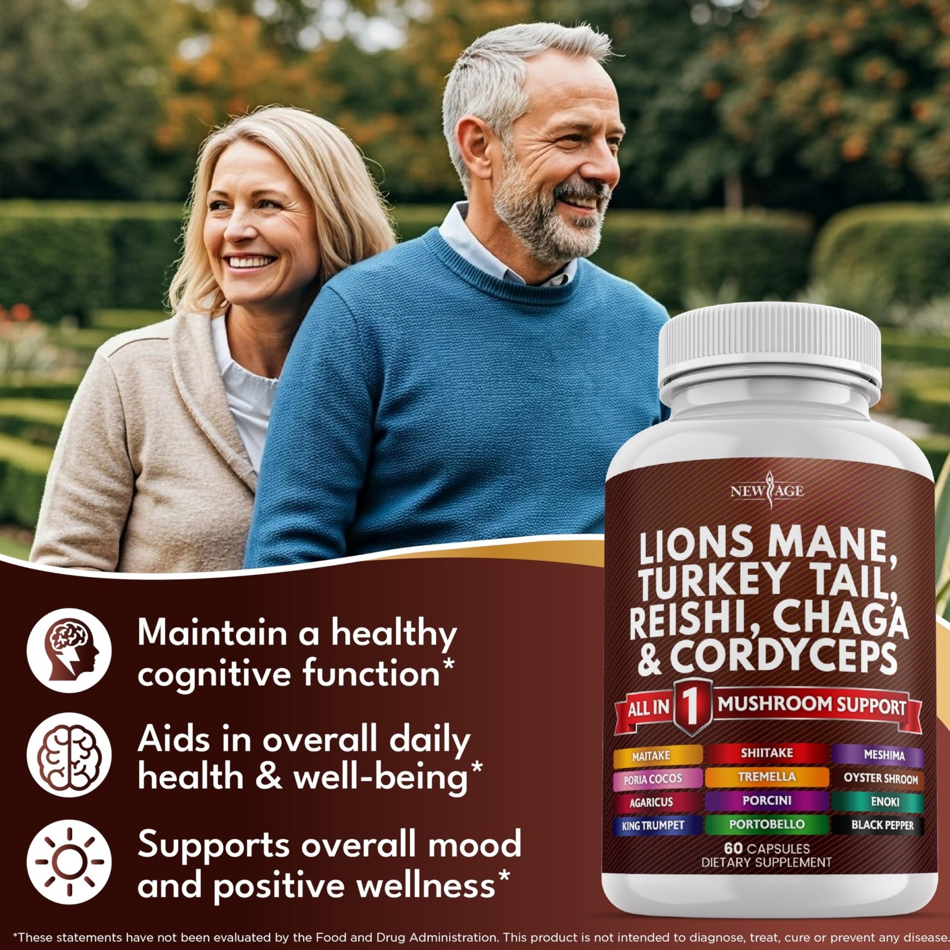 NEW AGE Lions Mane Mushroom Supplement with Turkey Tail Reishi Cordyceps Chaga with Marshmallow Root - 120 Count - dailyvitalstore