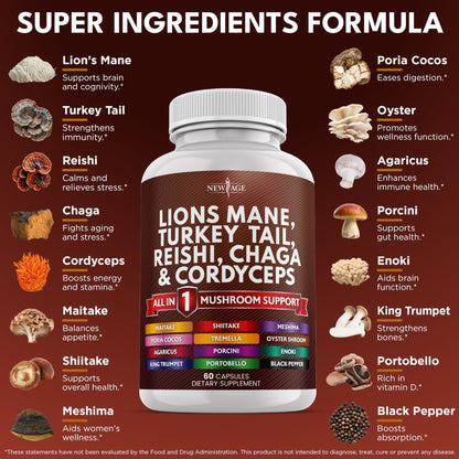 NEW AGE Lions Mane Mushroom Supplement with Turkey Tail Reishi Cordyceps Chaga with Marshmallow Root - 120 Count - dailyvitalstore