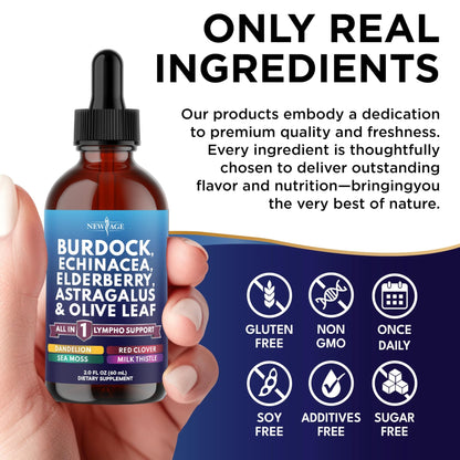 NEW AGE Lymphatic Drainage Supplement - Burdock Lymphatic Support Drops - Burdock Root, Mullein, Echinacea, Elderberry, Dandelion, Astragalus, Milk Thistle, Red Clover - 4 oz - dailyvitalstore