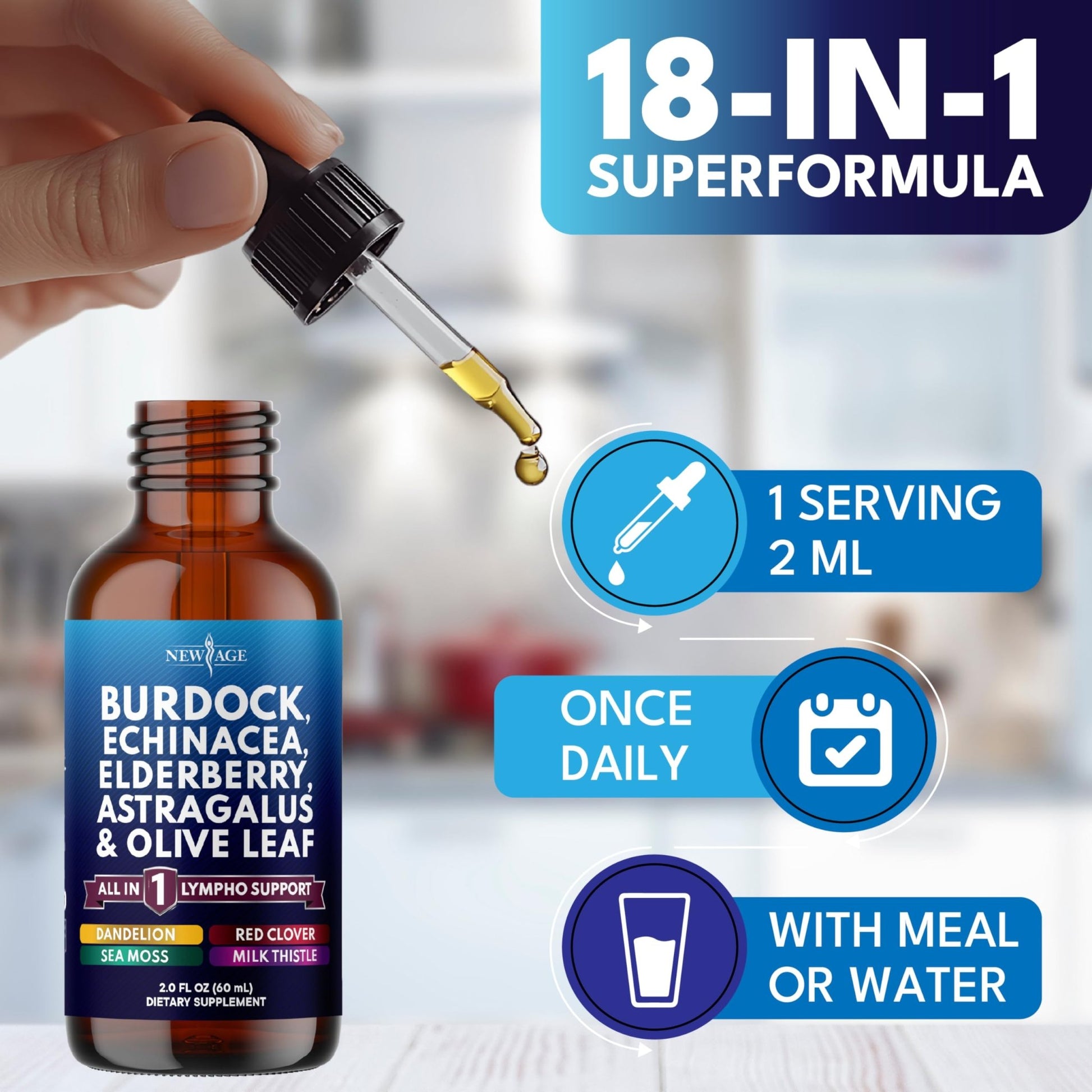 NEW AGE Lymphatic Drainage Supplement - Burdock Lymphatic Support Drops - Burdock Root, Mullein, Echinacea, Elderberry, Dandelion, Astragalus, Milk Thistle, Red Clover - 4 oz - dailyvitalstore