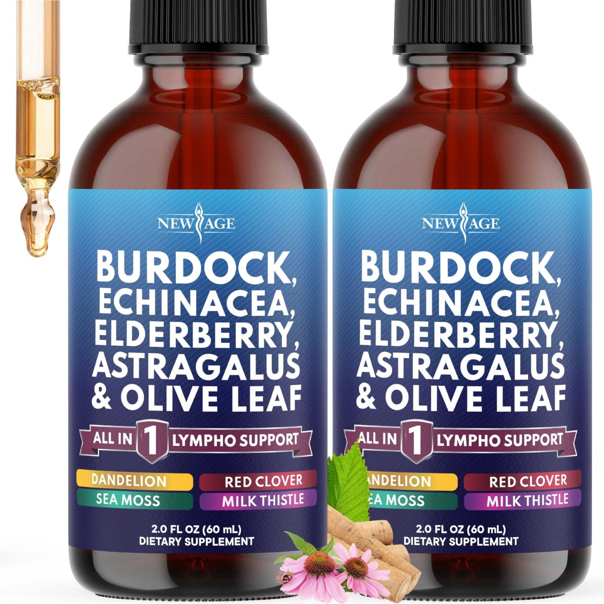 NEW AGE Lymphatic Drainage Supplement - Burdock Lymphatic Support Drops - Burdock Root, Mullein, Echinacea, Elderberry, Dandelion, Astragalus, Milk Thistle, Red Clover - 4 oz - dailyvitalstore