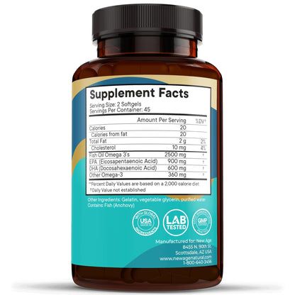 NEW AGE Omega 3 Fish Oil 2500mg Supplement Non GMO - EPA, DHA Fatty Acids Gluten Free (180 Softgels (Pack of 2)) - dailyvitalstore