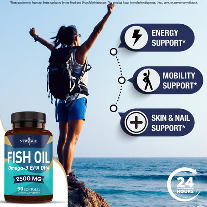 NEW AGE Omega 3 Fish Oil 2500mg Supplement Non GMO - EPA, DHA Fatty Acids Gluten Free (180 Softgels (Pack of 2)) - dailyvitalstore