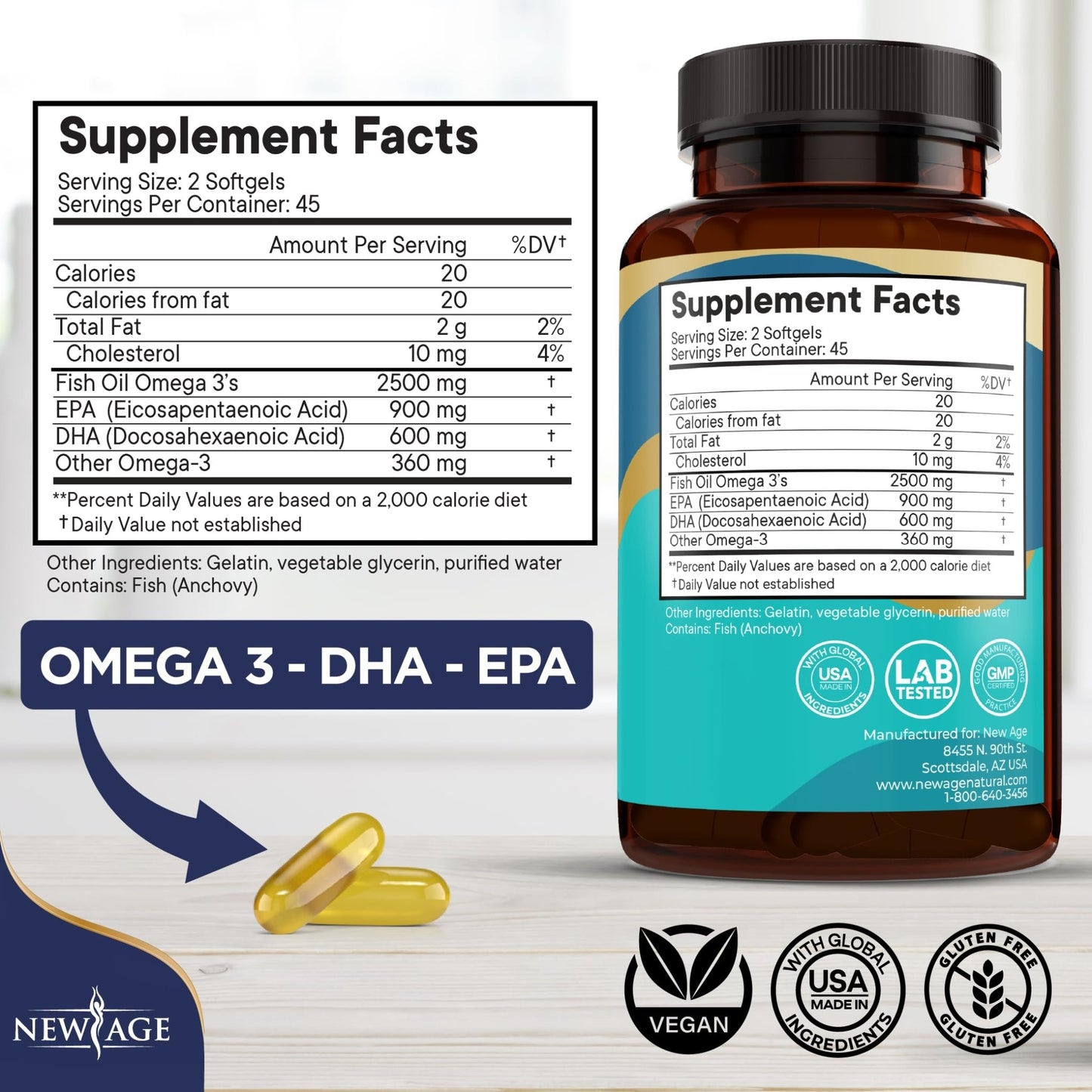 NEW AGE Omega 3 Fish Oil Supplement - Non GMO - EPA, DHA Fatty Acids Gluten Free (270 Softgels (Pack of 3)) - dailyvitalstore