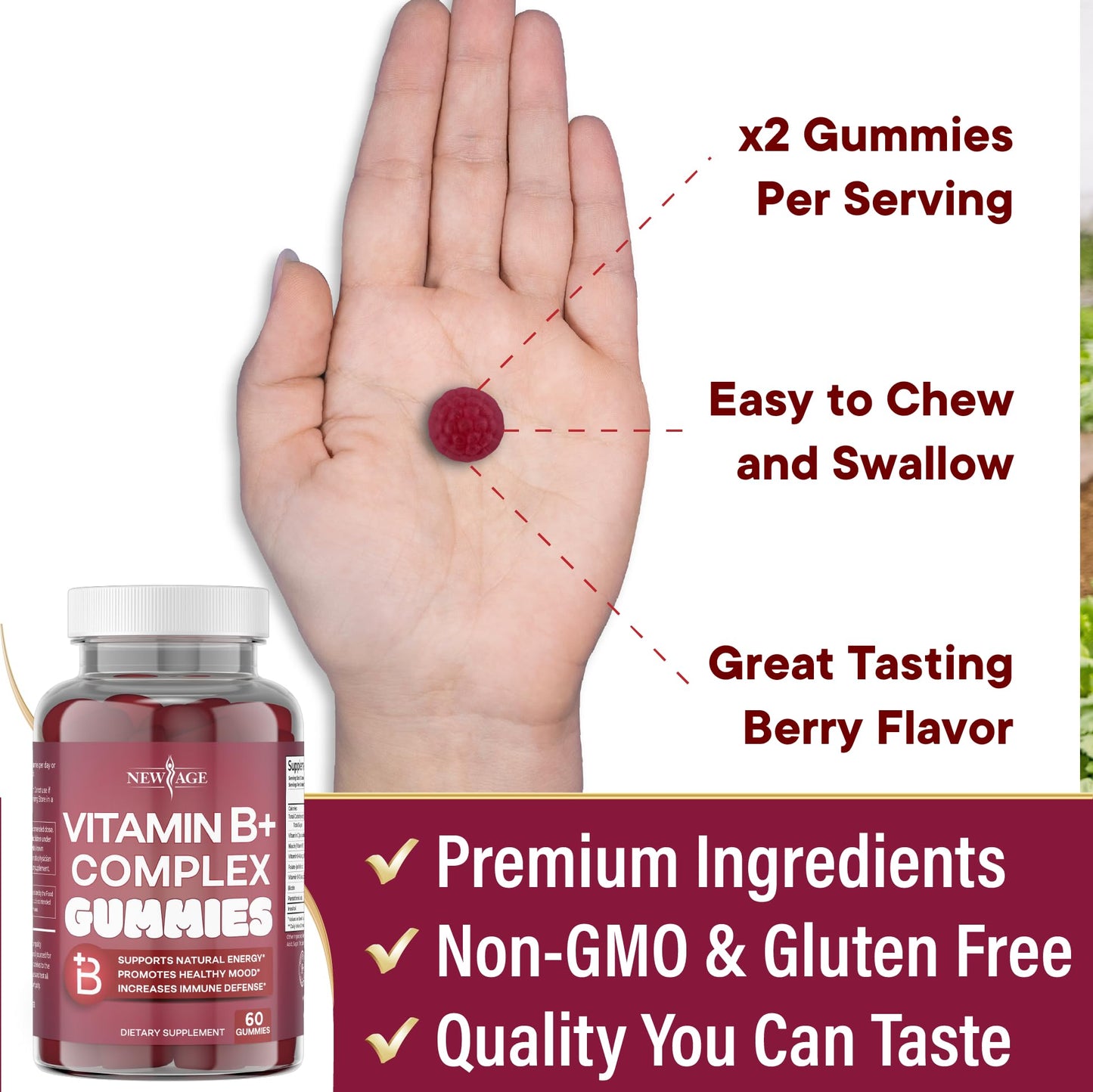 NEW AGE Vitamin B Complex Gummies with Vitamin B3, B6, & B12 – with Biotin, Folic Acid & Vitamin C – Gluten-Free, Vegan - dailyvitalstore