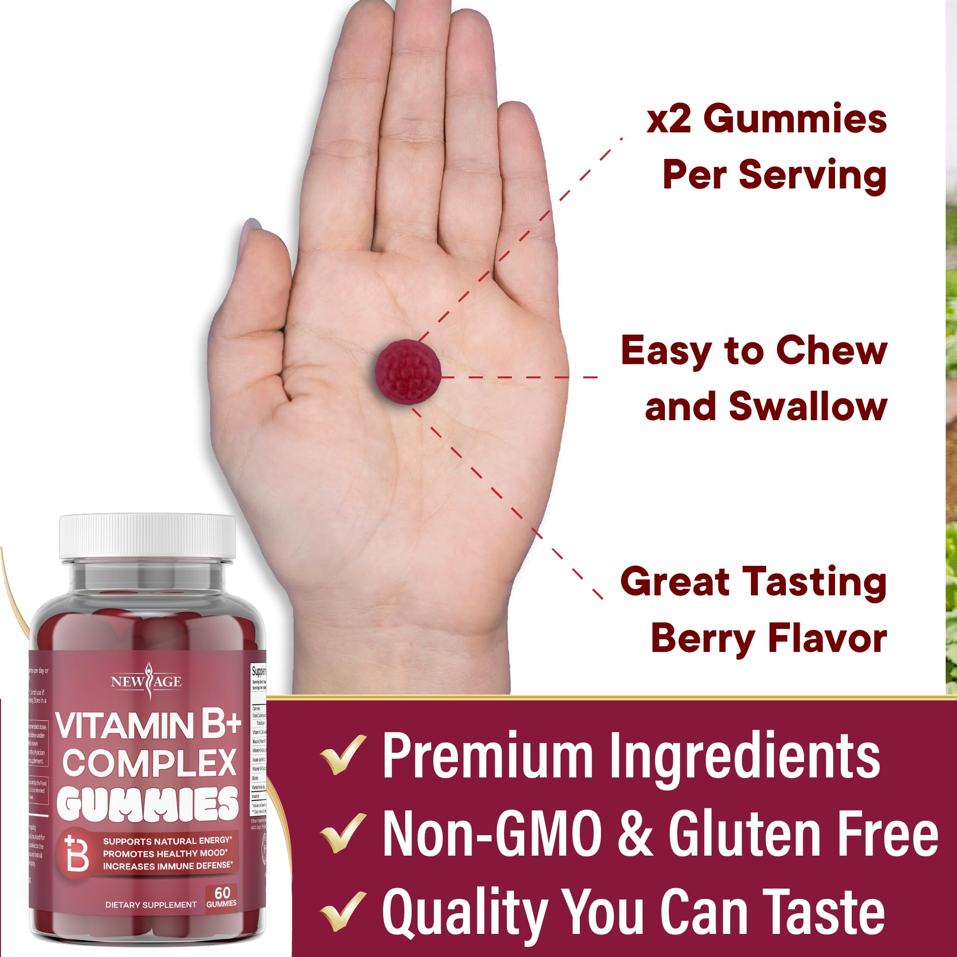 NEW AGE Vitamin B Complex Gummies with Vitamin B3, B6, & B12 – with Biotin, Folic Acid & Vitamin C – Gluten-Free, Vegan - dailyvitalstore