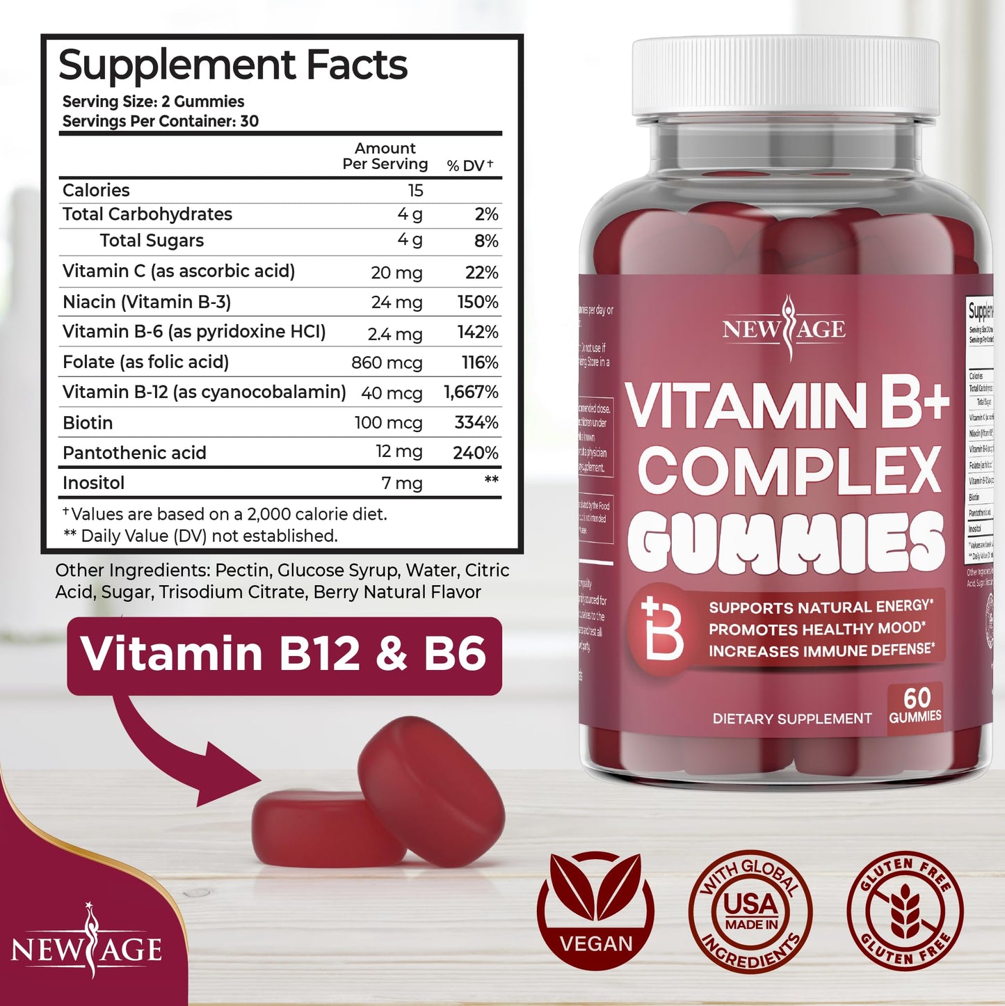 NEW AGE Vitamin B Complex Gummies with Vitamin B3, B6, & B12 – with Biotin, Folic Acid & Vitamin C – Gluten-Free, Vegan - dailyvitalstore