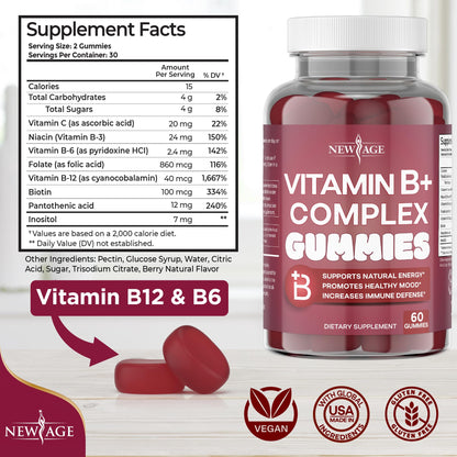 NEW AGE Vitamin B Complex Gummies with Vitamin B3, B6, & B12 – with Biotin, Folic Acid & Vitamin C – Gluten-Free, Vegan - dailyvitalstore