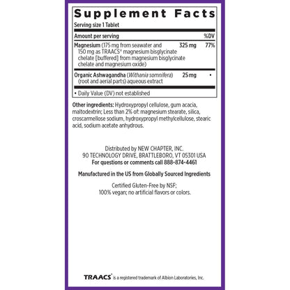 New Chapter Magnesium + Ashwagandha Supplement, 325 mg with Magnesium Glycinate for Muscle Relaxation & Recovery, Heart, Nerve & Bone Health, 2.5X Absorption, Non-GMO - 30 ct (1 Month Supply) - dailyvitalstore