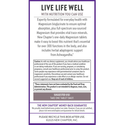 New Chapter Magnesium + Ashwagandha Supplement, 325 mg with Magnesium Glycinate for Muscle Relaxation & Recovery, Heart, Nerve & Bone Health, 2.5X Absorption, Non-GMO - 30 ct (1 Month Supply) - dailyvitalstore