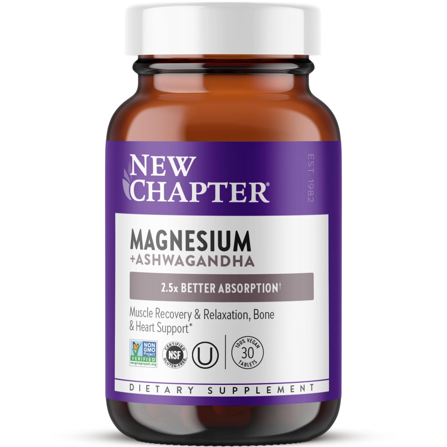 New Chapter Magnesium + Ashwagandha Supplement, 325 mg with Magnesium Glycinate for Muscle Relaxation & Recovery, Heart, Nerve & Bone Health, 2.5X Absorption, Non-GMO - 30 ct (1 Month Supply) - dailyvitalstore