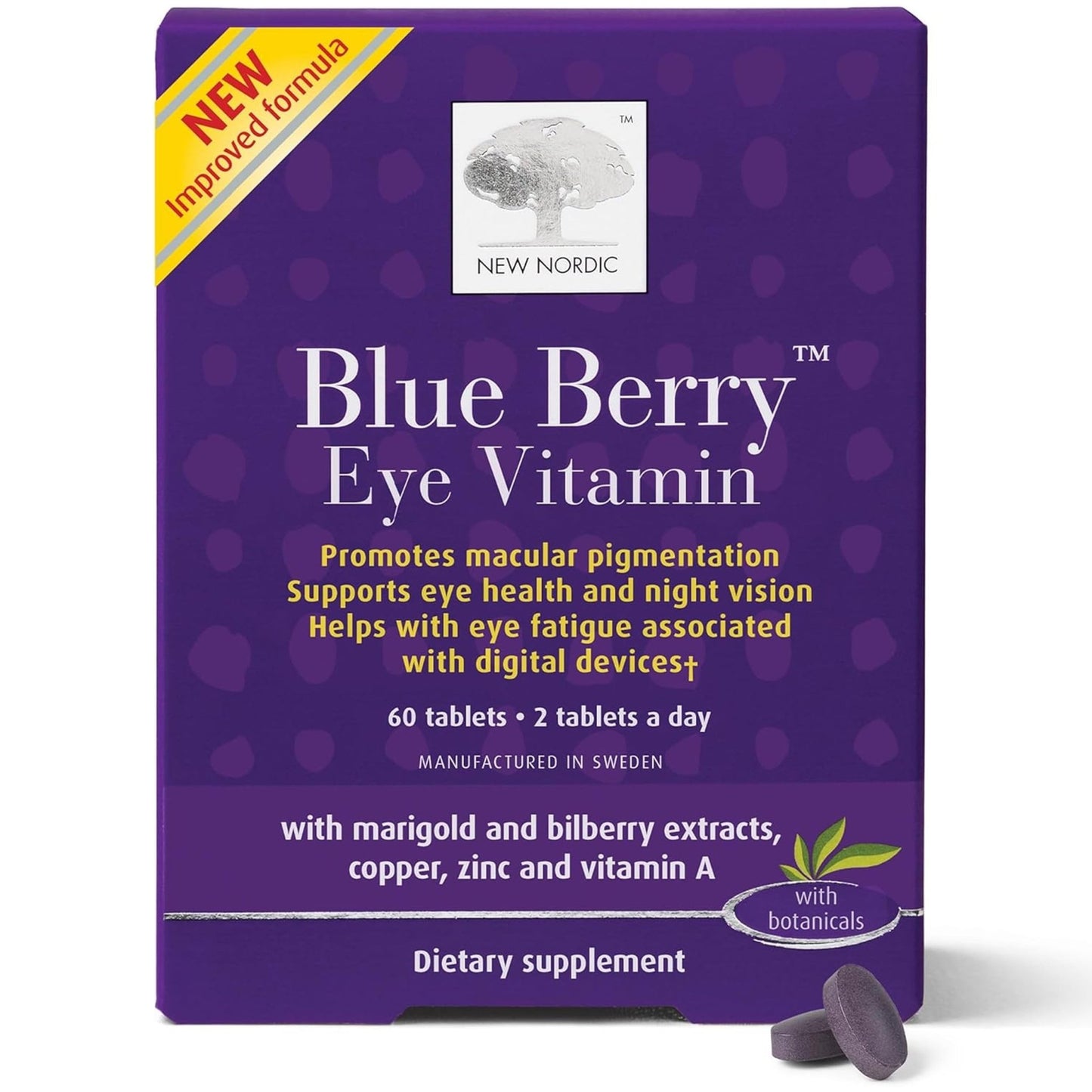 NEW NORDIC Blue Berry Eye Vitamin Lutein Supplement with Zinc, Supports Macular Pigmentation, Eye & Vision Function, 60 Tablets (Pack of 1) - dailyvitalstore