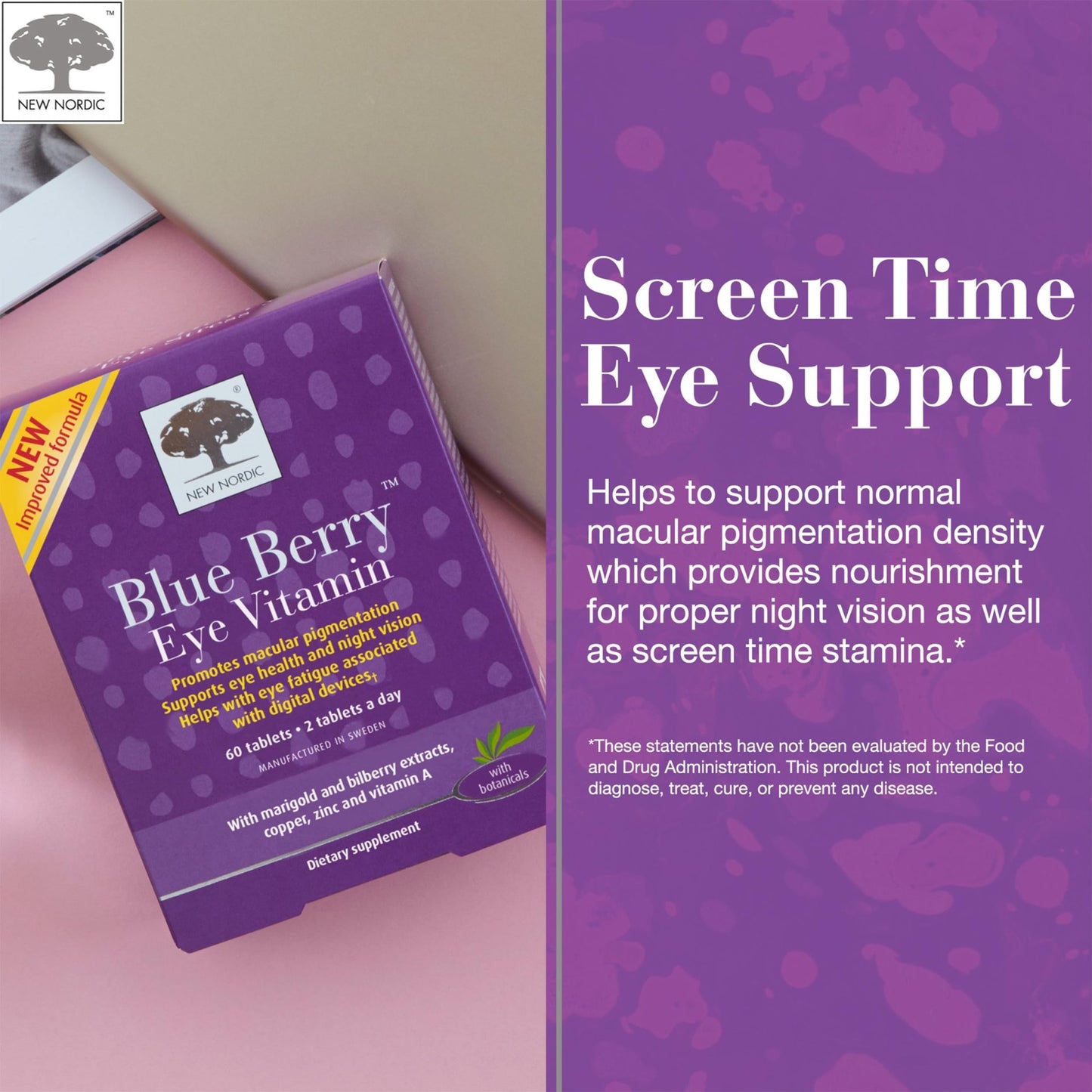 NEW NORDIC Blue Berry Eye Vitamin Lutein Supplement with Zinc, Supports Macular Pigmentation, Eye & Vision Function, 60 Tablets (Pack of 1) - dailyvitalstore