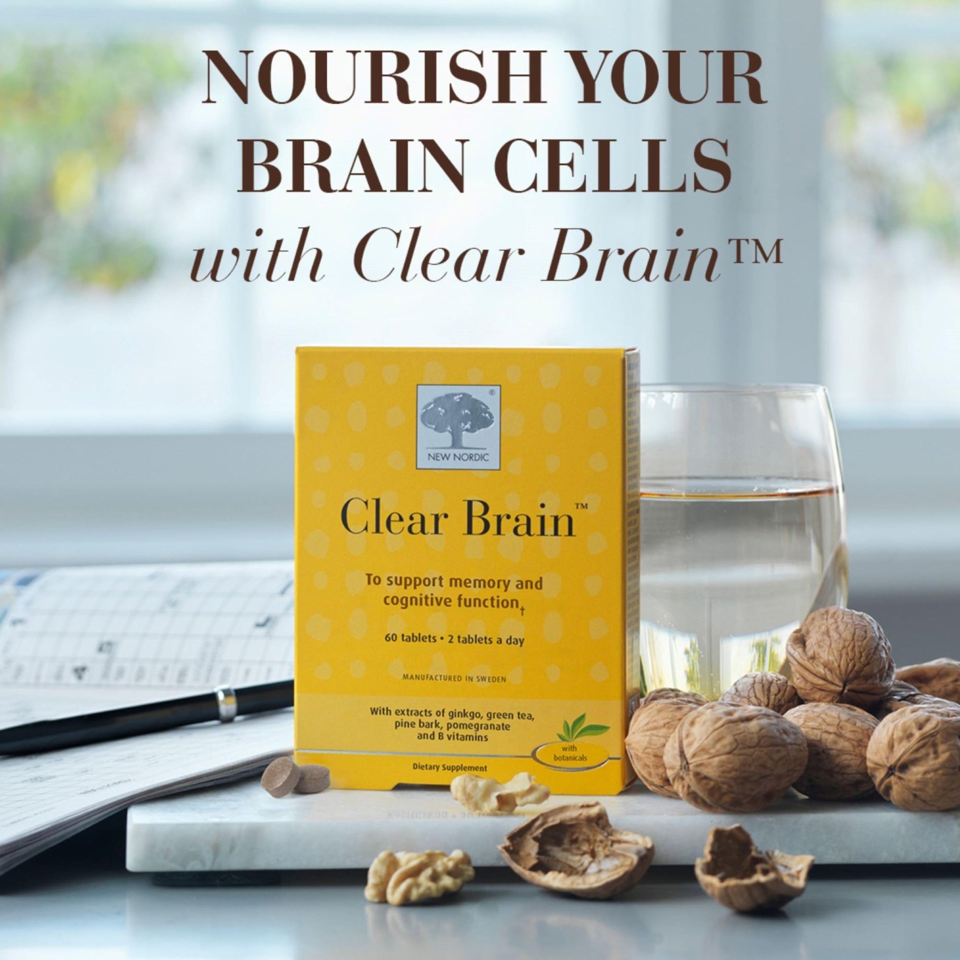 New Nordic Clear Brain Tablets, Supports Normal Cognitive Health and Memory, with Green Tea and Walnut, Swedish Made, 60 Count (Pack of 1) - dailyvitalstore
