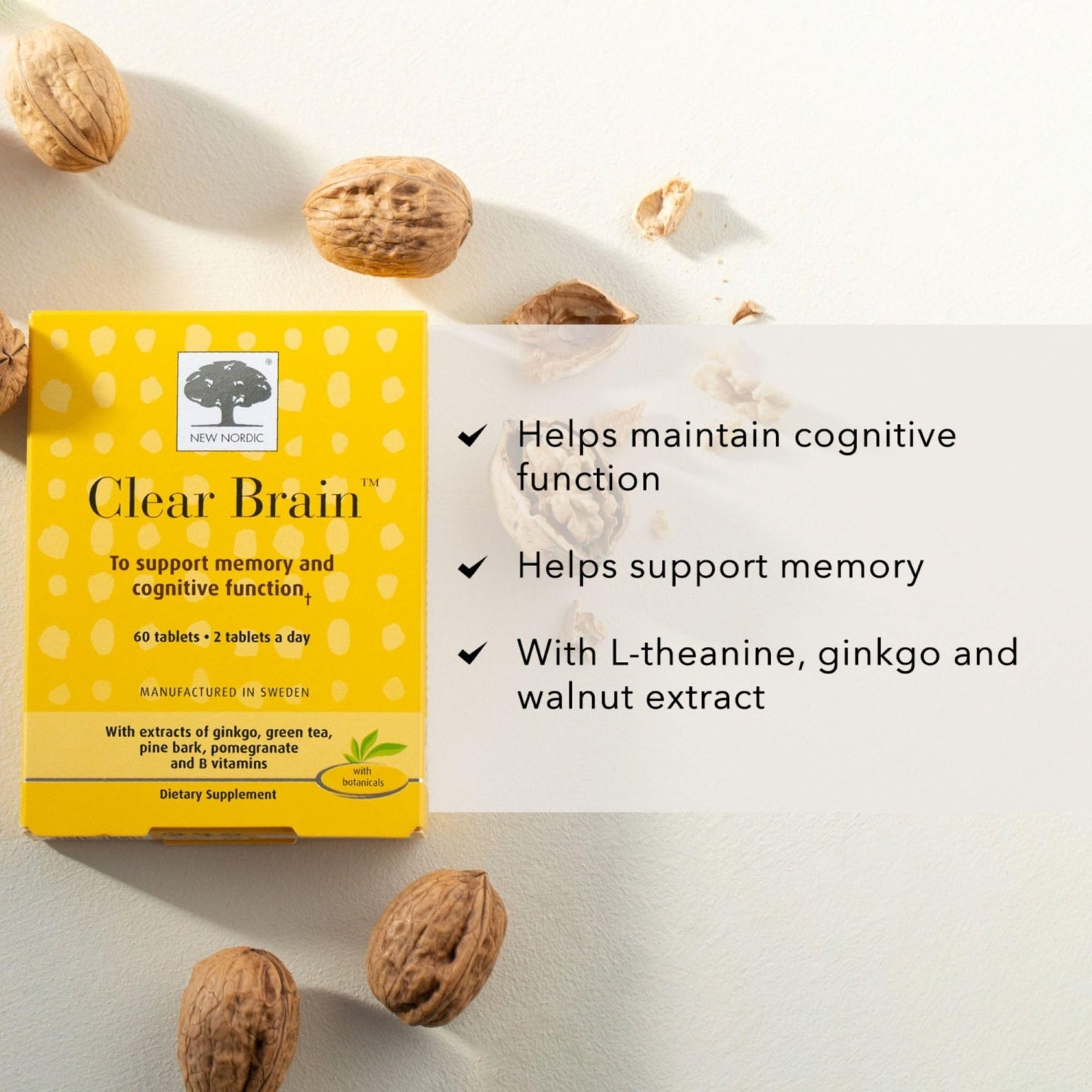 New Nordic Clear Brain Tablets, Supports Normal Cognitive Health and Memory, with Green Tea and Walnut, Swedish Made, 60 Count (Pack of 1) - dailyvitalstore