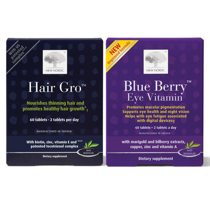 NEW NORDIC Hair & Eye Support Tablets Bundle, Hair GRO Natural Hair Growth and Blue Berry Eye Vitamin Supplements - dailyvitalstore