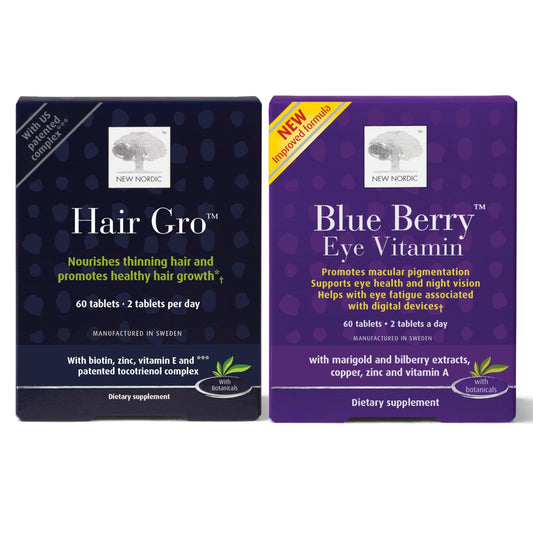 NEW NORDIC Hair & Eye Support Tablets Bundle, Hair GRO Natural Hair Growth and Blue Berry Eye Vitamin Supplements - dailyvitalstore