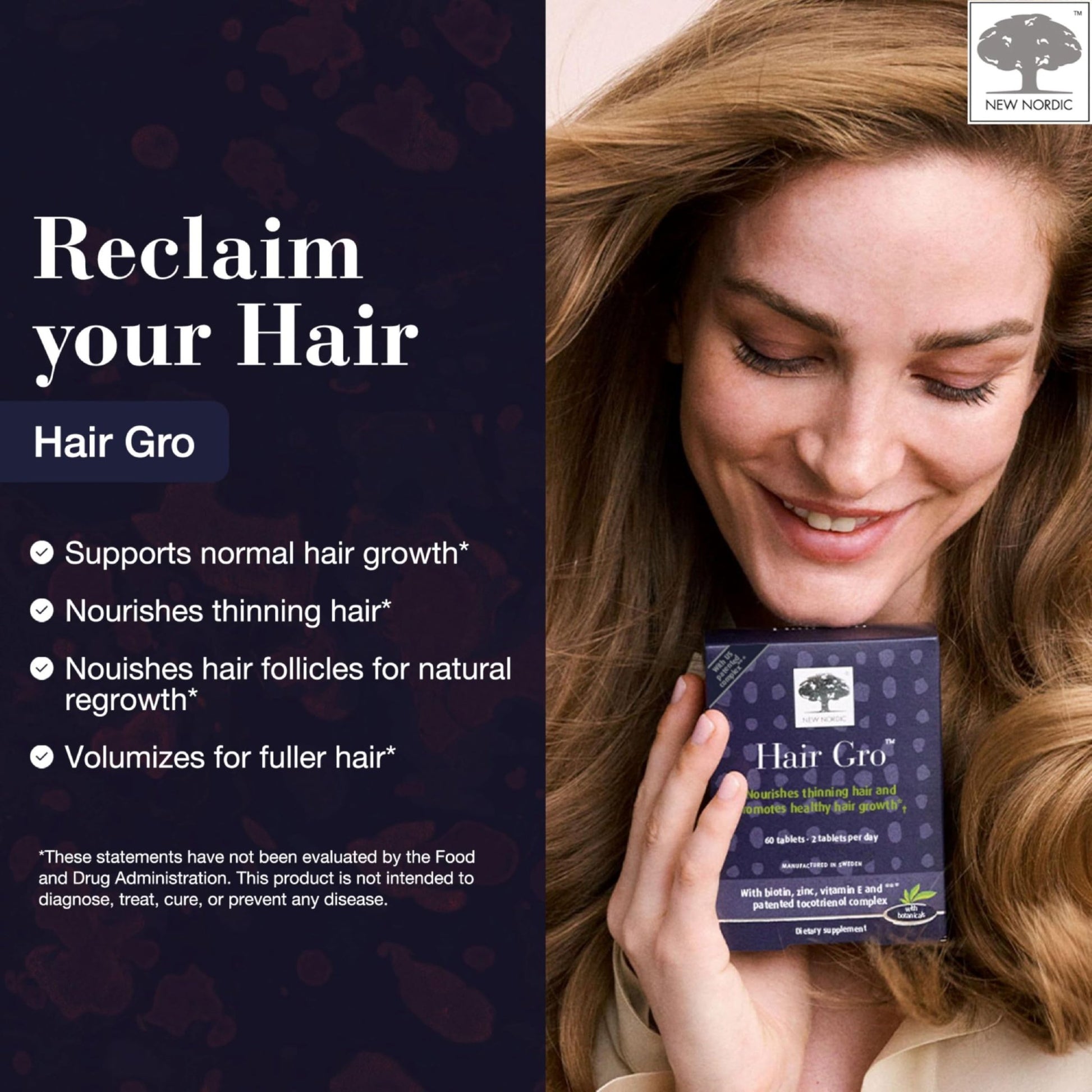 NEW NORDIC Hair GRO, Hair Growth Supplement, Biotin & Palm Fruit Extract Tocotrienols for Natural Regrowth, 60 Count (Pack of 3) - dailyvitalstore