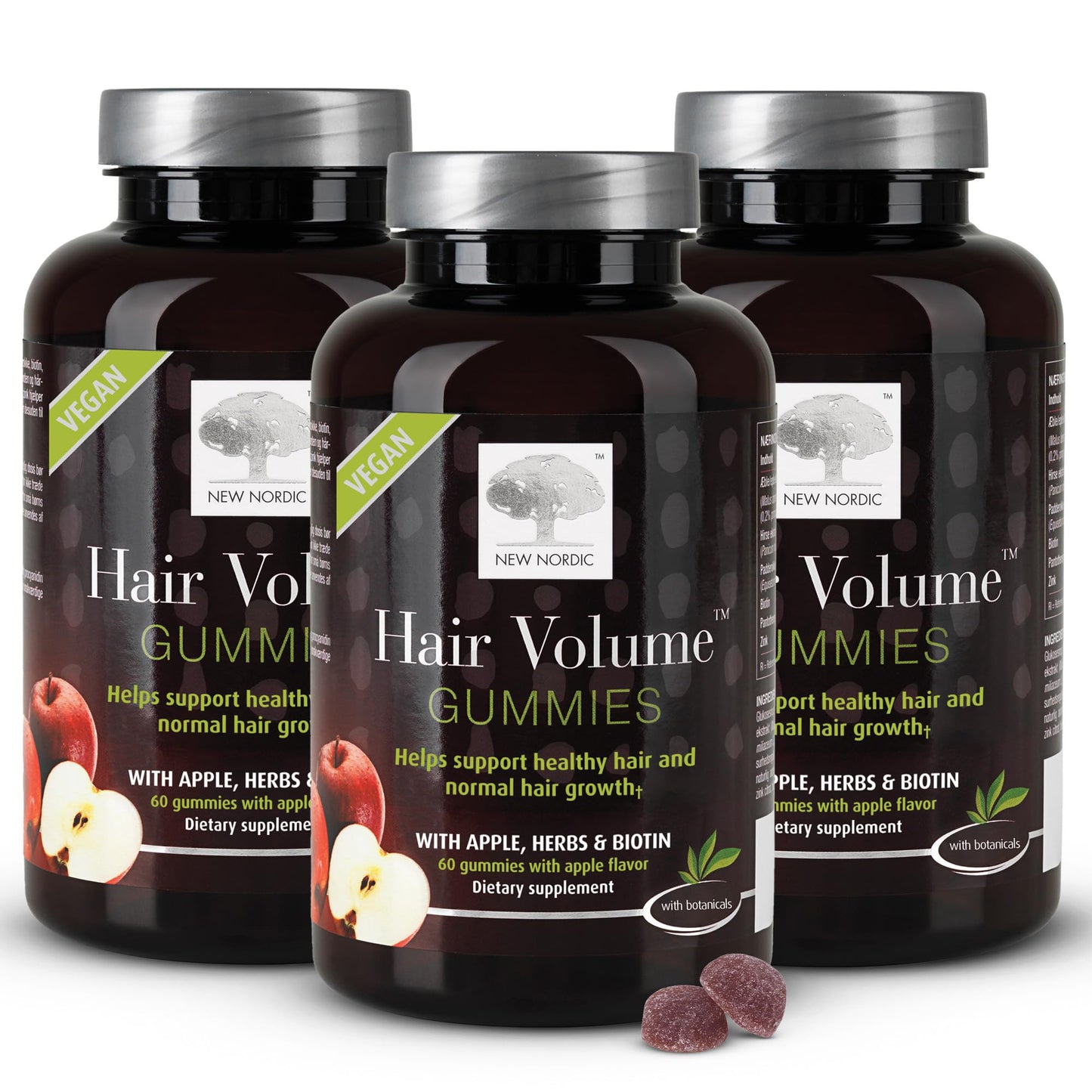 NEW NORDIC Hair Volume Gummies, 2500 mcg Biotin, Daily Hair Vitamins Supplement to Support Hair Skin & Nails, Vegan, 60 Count (Pack of 3) - dailyvitalstore
