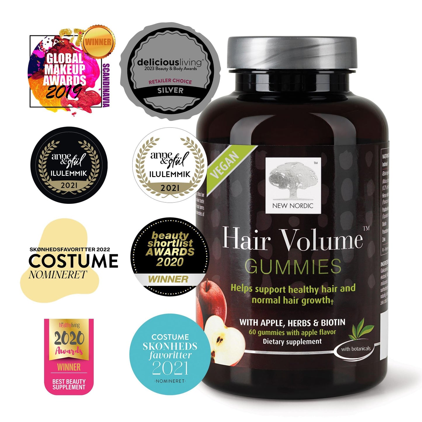 NEW NORDIC Hair Volume Gummies, 2500 mcg Biotin, Daily Hair Vitamins Supplement to Support Hair Skin & Nails, Vegan, 60 Count (Pack of 3) - dailyvitalstore