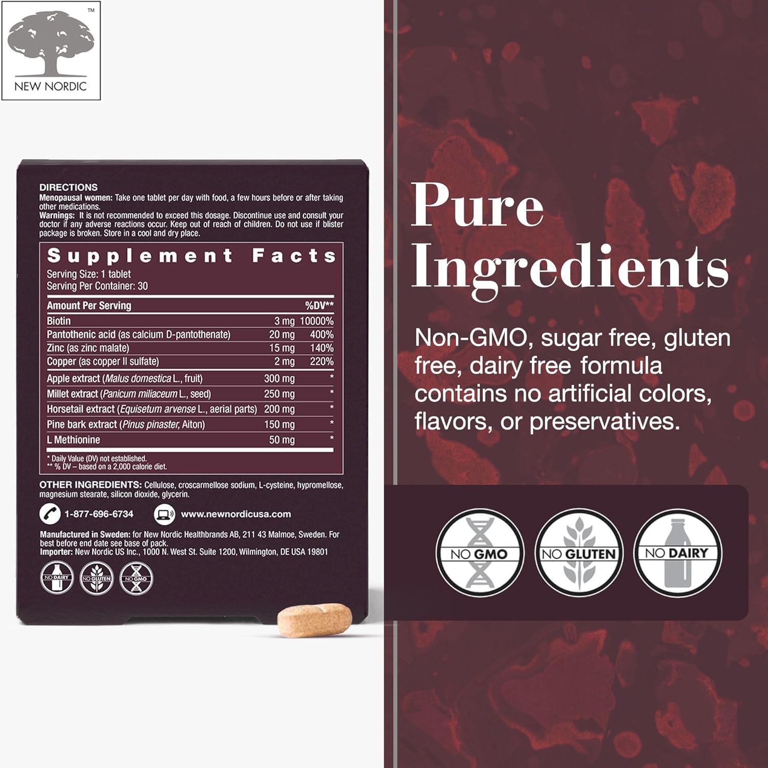 New Nordic Hair Volume Menopause, Supports Healthy Hair Growth During and After Menopause, Pine Bark and Annurca Apple Extract, 30 Tablets - dailyvitalstore