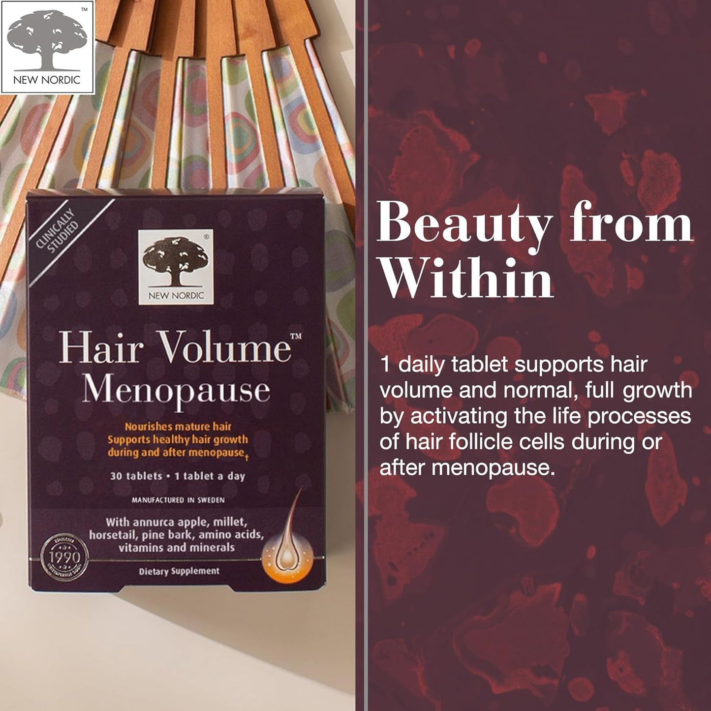 New Nordic Hair Volume Menopause, Supports Healthy Hair Growth During and After Menopause, Pine Bark and Annurca Apple Extract, 30 Tablets - dailyvitalstore